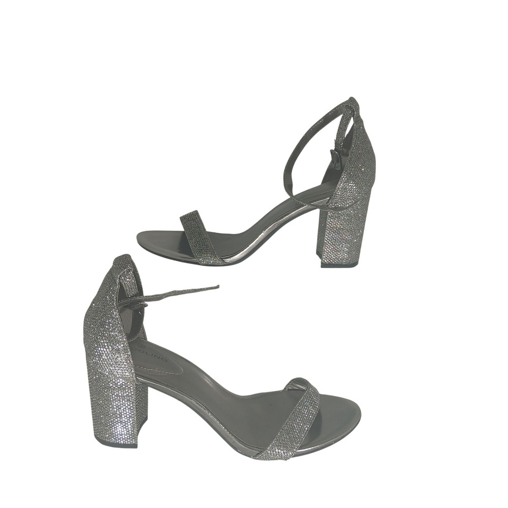 Bandolino Harmony2 Block Heel Sandals 7.5M Silver Glitter Glam Formal Wedding
